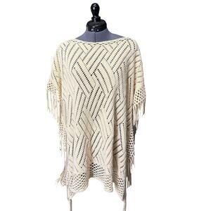 Cream Open Knit Fringe Poncho – One Size – Boho / Festival Spring Layer